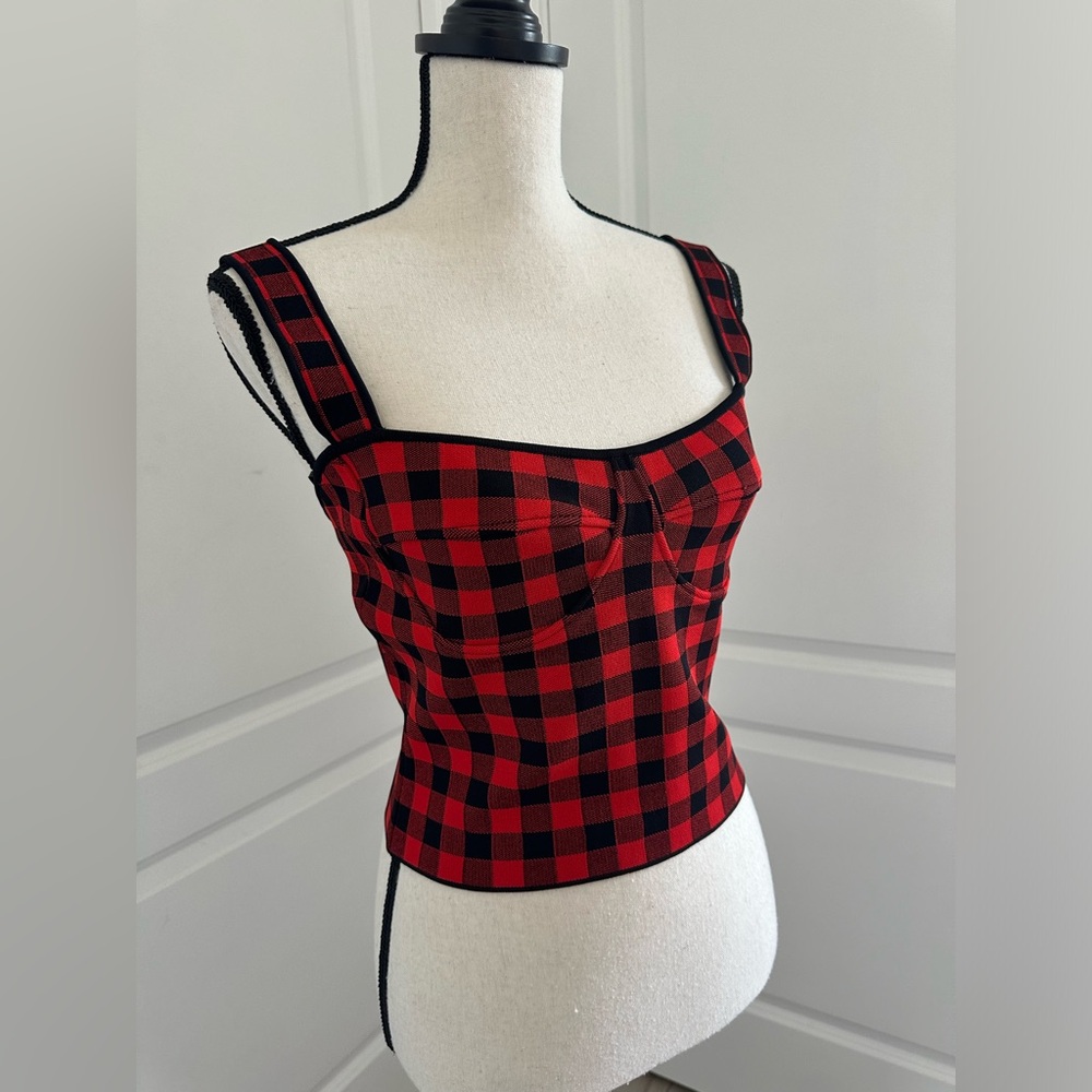 Ronny Kobo Jadie Bustier Crop Top Red Black Gingham NWT Size M